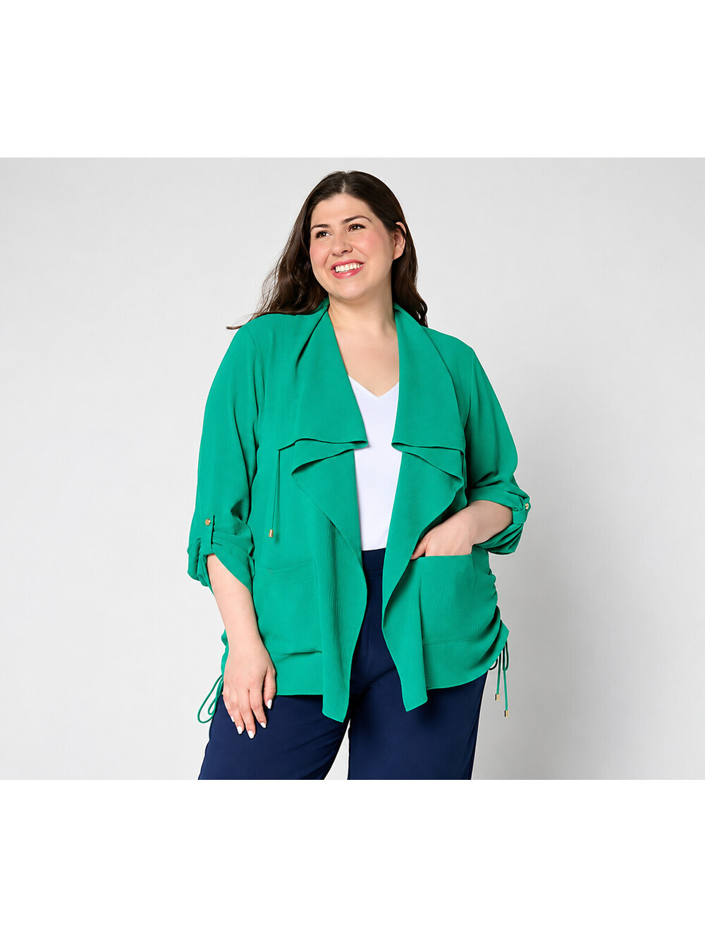 Susan Graver Regular Crinkled Woven Drape Front Cardigan Amazing Emerald,Size 3X